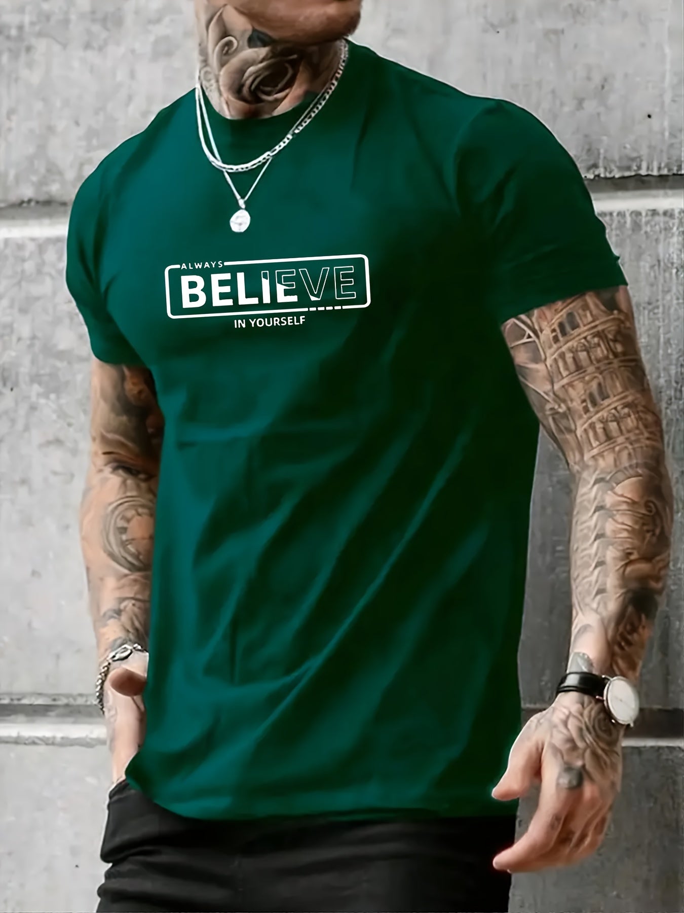 "Always Believe In Yourself" Print T-shirt, Men's Casual Street Style Stretch Round Neck Tee Shirt For Summer