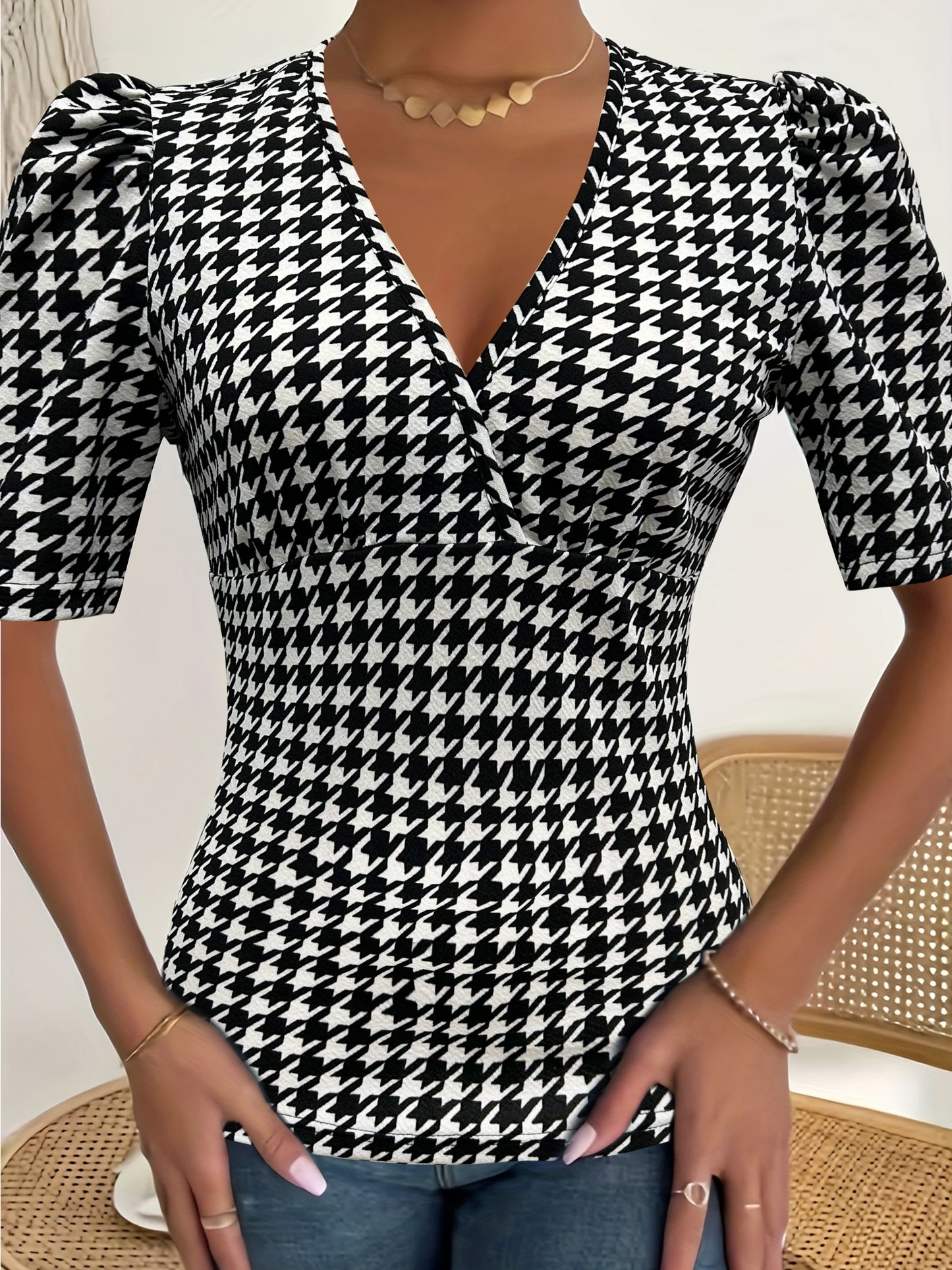 Houndstooth Print V Neck Blouse, Elegant Short Puff Sleeve Blouse For Spring & Summer, Women's Clothing