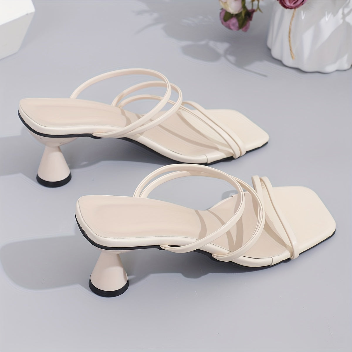 Women's Solid Color High Heel Sandals, Fashion Square Open Toe Dress Pumps, Stylish Slip On Heels