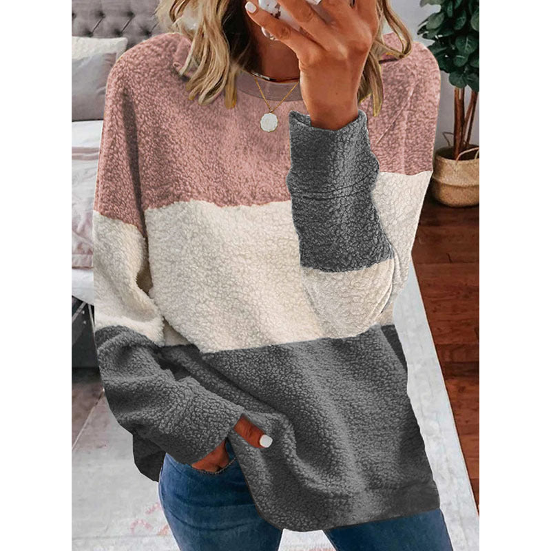 Cross-border European and American foreign trade women's clothing 2020 new wish hot sale autumn and winter plush stitching contrast coat women's sweater