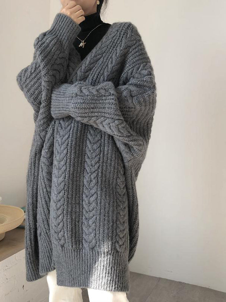 Sweater coat female twist loose large size lazy Korean version of the autumn and winter long European station knit cardigan outside