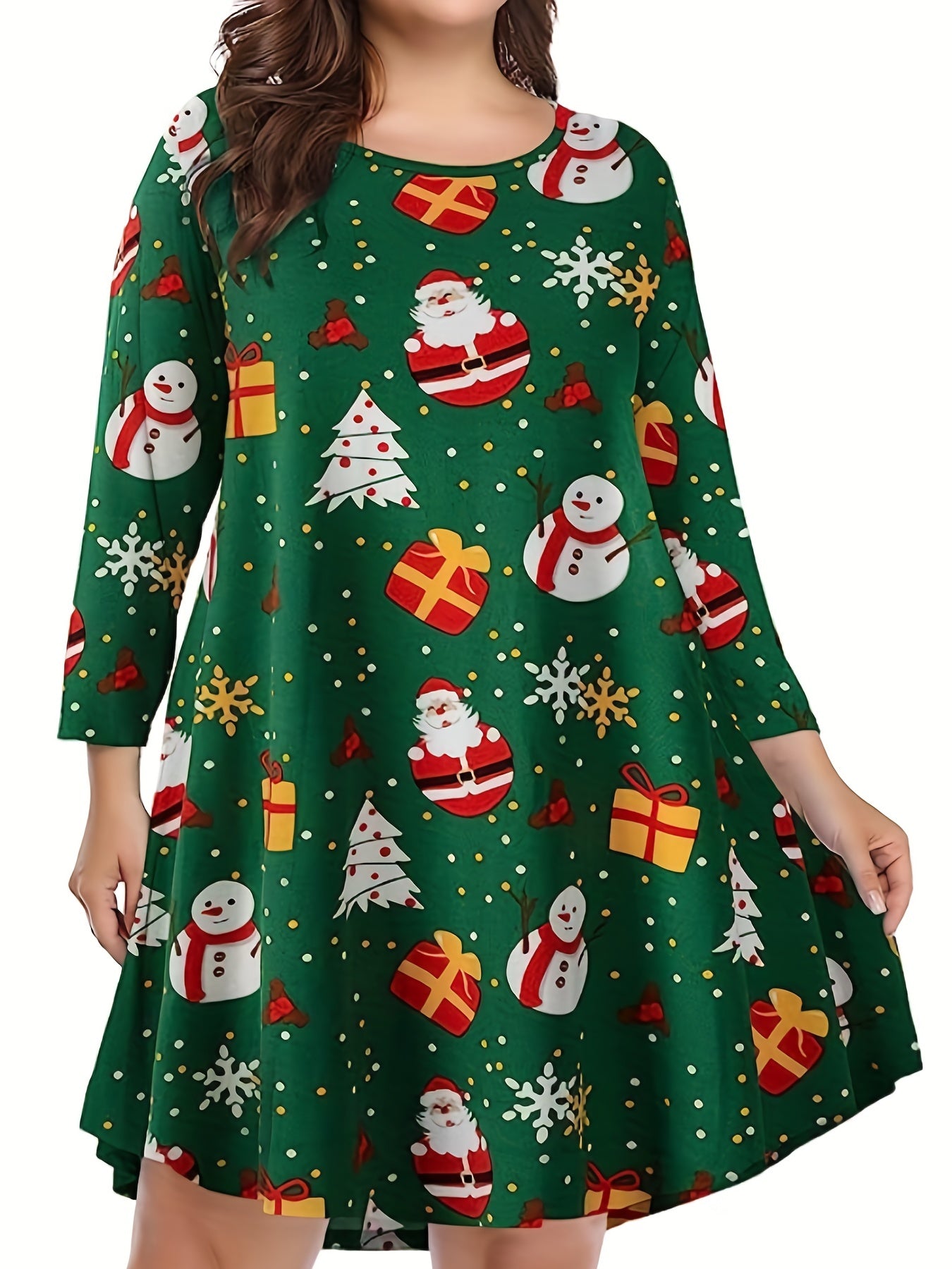 Plus Size Christmas Casual Dress, Women's Plus Graphic Print Long Sleeve Round Neck Slight Stretch Dress