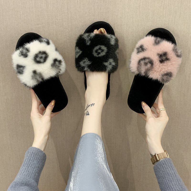 Foreign trade Amazon autumn and winter new big fur flat slippers women's home non-slip rabbit haikou cotton slippers wholesale