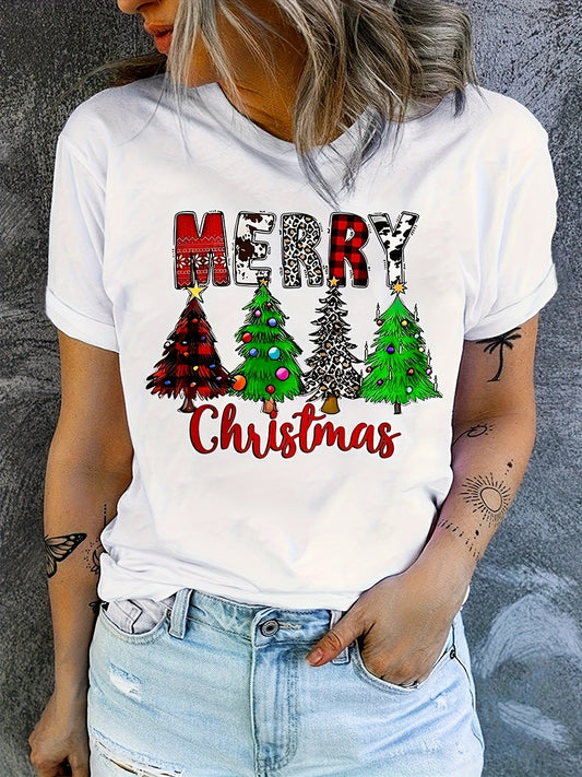 Christmas Tree & Letter Print Crew Neck T-Shirt, Casual Short Sleeve Top For Spring & Summer, Women's Clothing