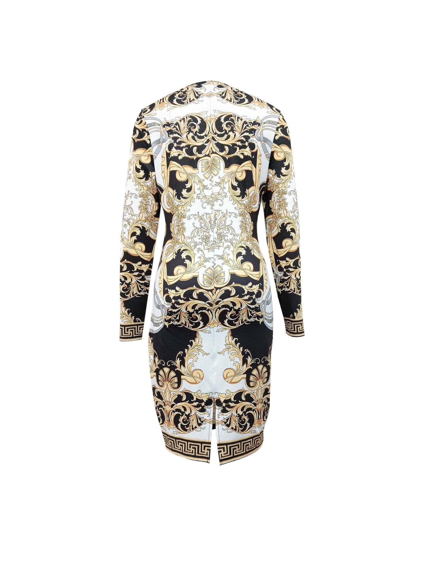 Baroque Print Back Vent Sheath Dress, Elegant Long Sleeve Crew Neck Knee Length Dress, Women's Clothing