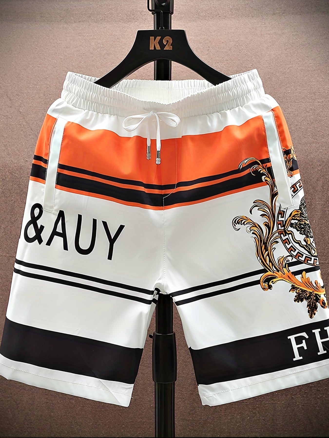 Graphic Pattern Letter Print Striped Quick Drying Beach Shorts, Men's Casual Waist Drawstring Shorts For Summer Resort