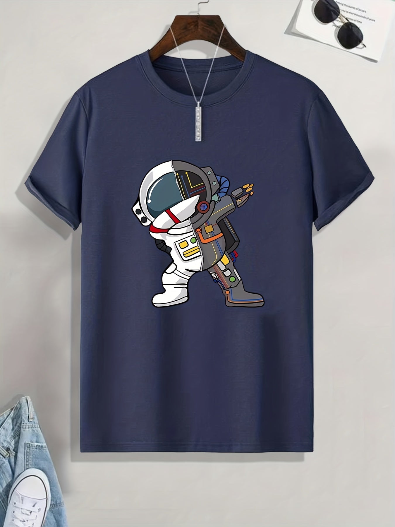 Astronaut In Victory Pose Print T Shirt, Tees For Men, Casual Short Sleeve Tshirt For Summer Spring Fall, Tops As Gifts