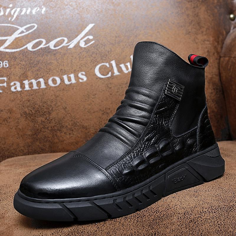 Men's Soft Bottom Side Zipper Leather British Style Casual High Top Cotton Shoes Martin Boots (Cotton Shoes) Cross-border Wholesale