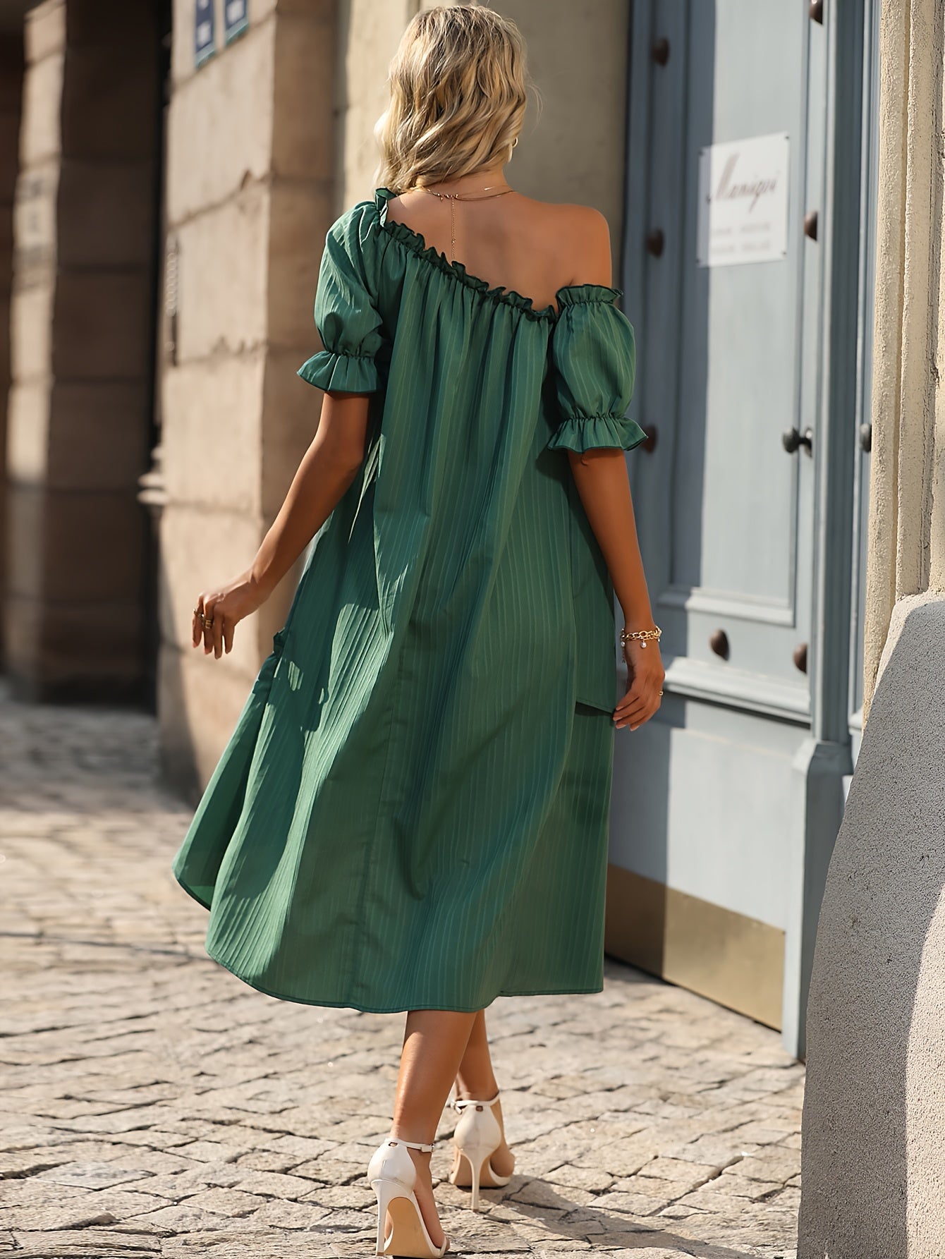 Frill Trim One Shoulder Dress, Elegant Loose Solid Dress For Spring & Summer, Women's Clothing