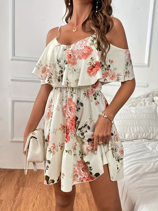 Floral Print Cold Shoulder Dress, Casual Short Sleeve Dress For Spring & Summer, Women's Clothing