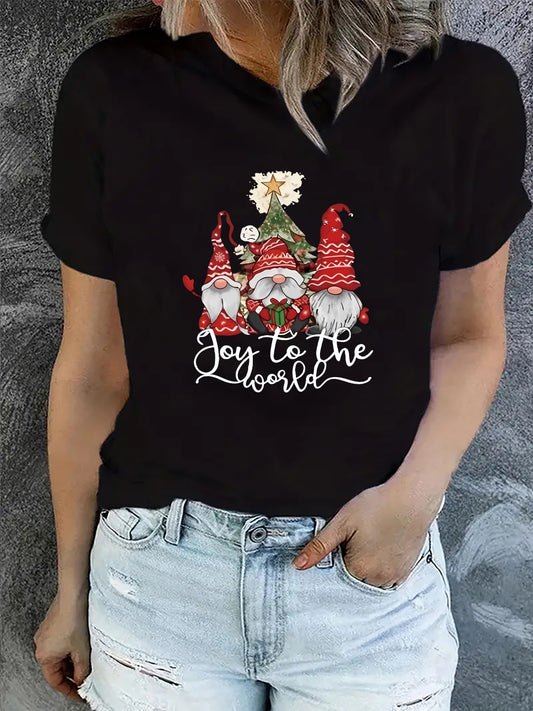 Christmas Gnome Print T-shirt, Casual Crew Neck Short Sleeve Top, Women's Clothing