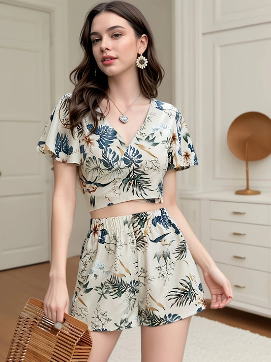 Elegant Floral Print Summer & Spring Two-piece Shorts Set, Tie Back V Neck Short Sleeve Top & Shorts Outfits, Women's Clothing