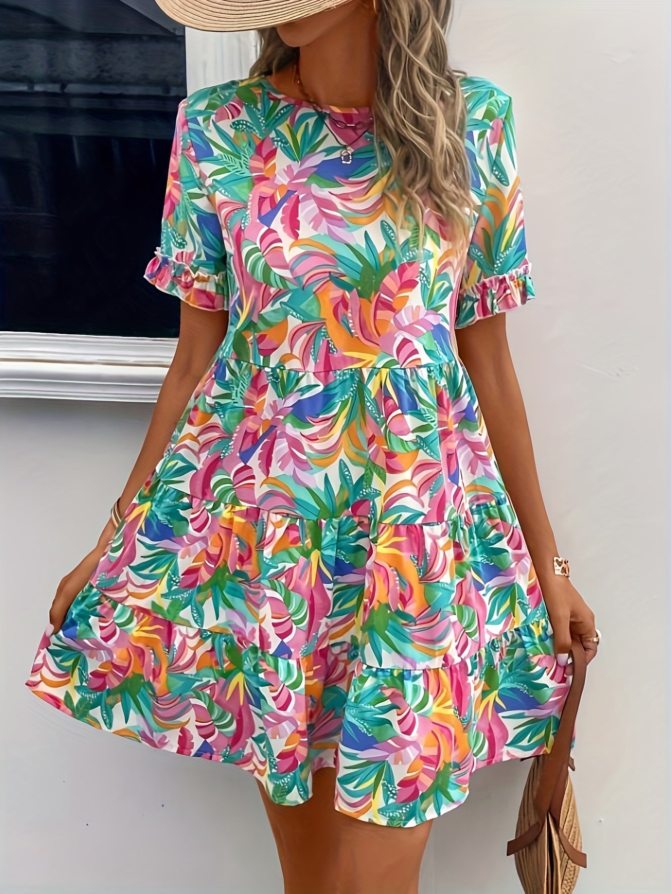 Vacation Style Floral Print V Neck Dress, Casual Short Sleeve Dress For Spring & Summer, Women's Clothing