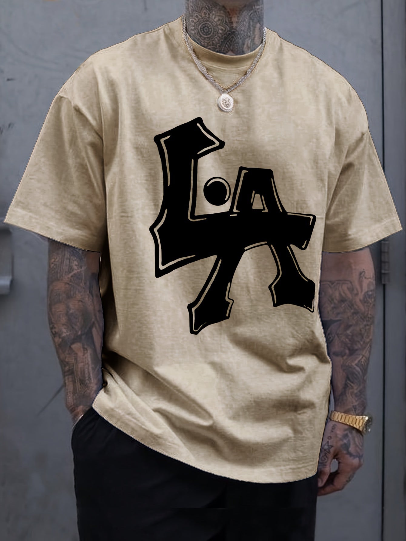 Men's Los Angeles Print Short Sleeve T-Shirts, Comfy Casual Elastic Crew Neck Tops, Men's Clothing