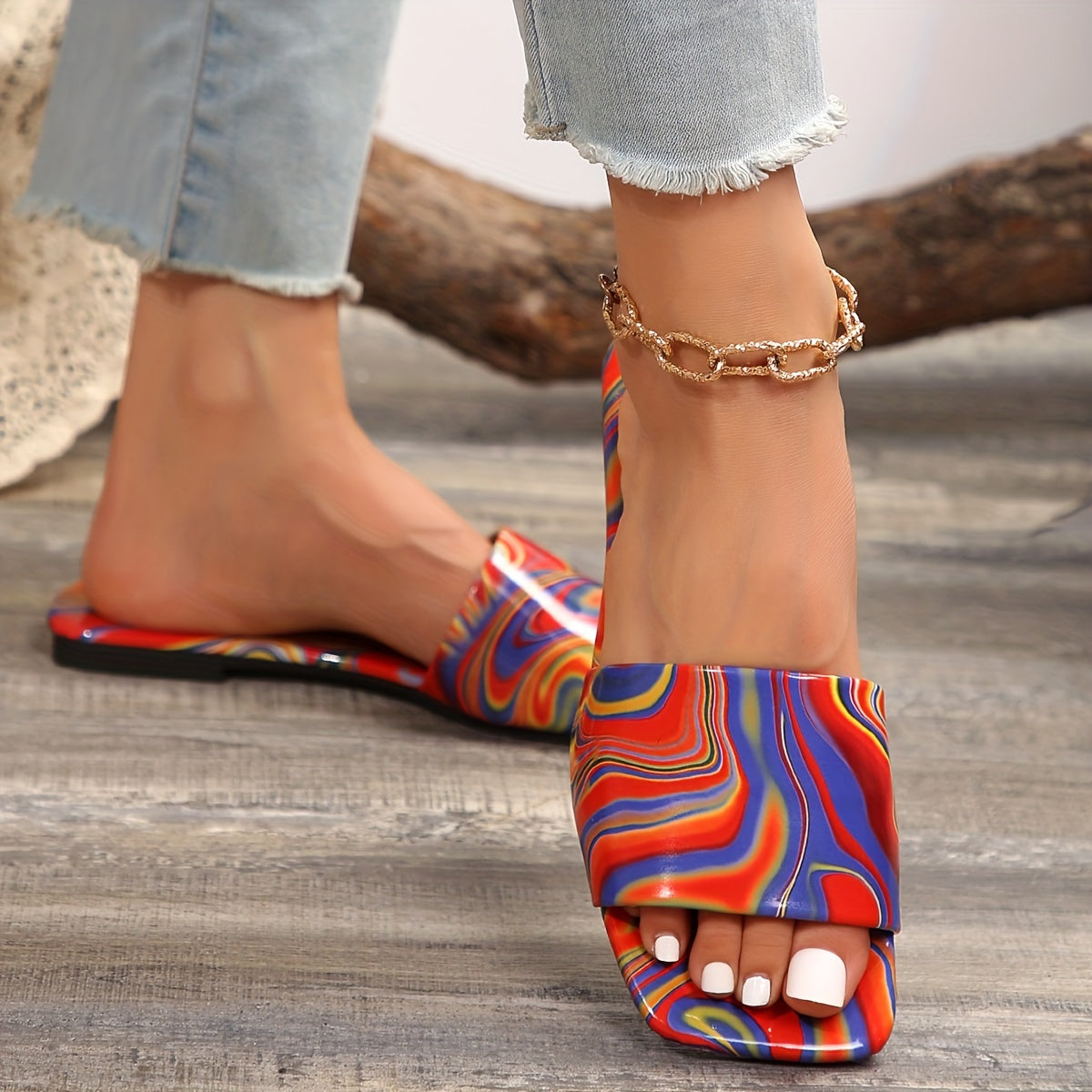 Women's Contrast Color Flat Slides, Stylish Square Open Toe Single Band Shoes, Casual Summer Beach Slides