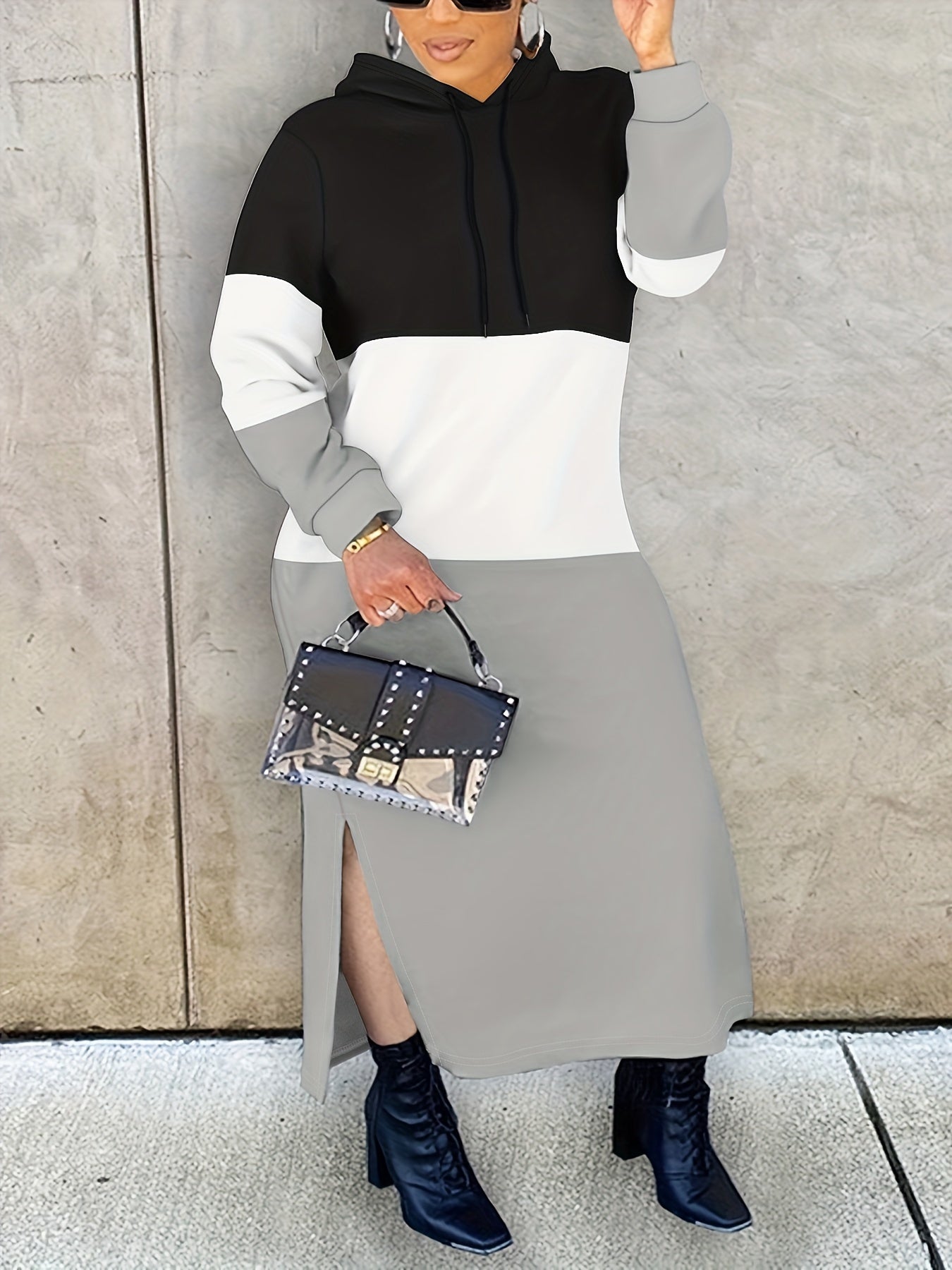 Plus Size Casual Dress, Women's Plus Colorblock Long Sleeve Split Hem Hooded Maxi Sweatshirt Dress