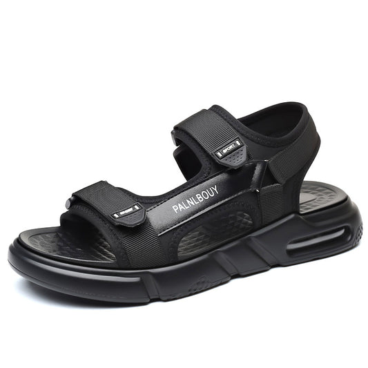 Black sandal with 'PALM BEACH' branding on a white background