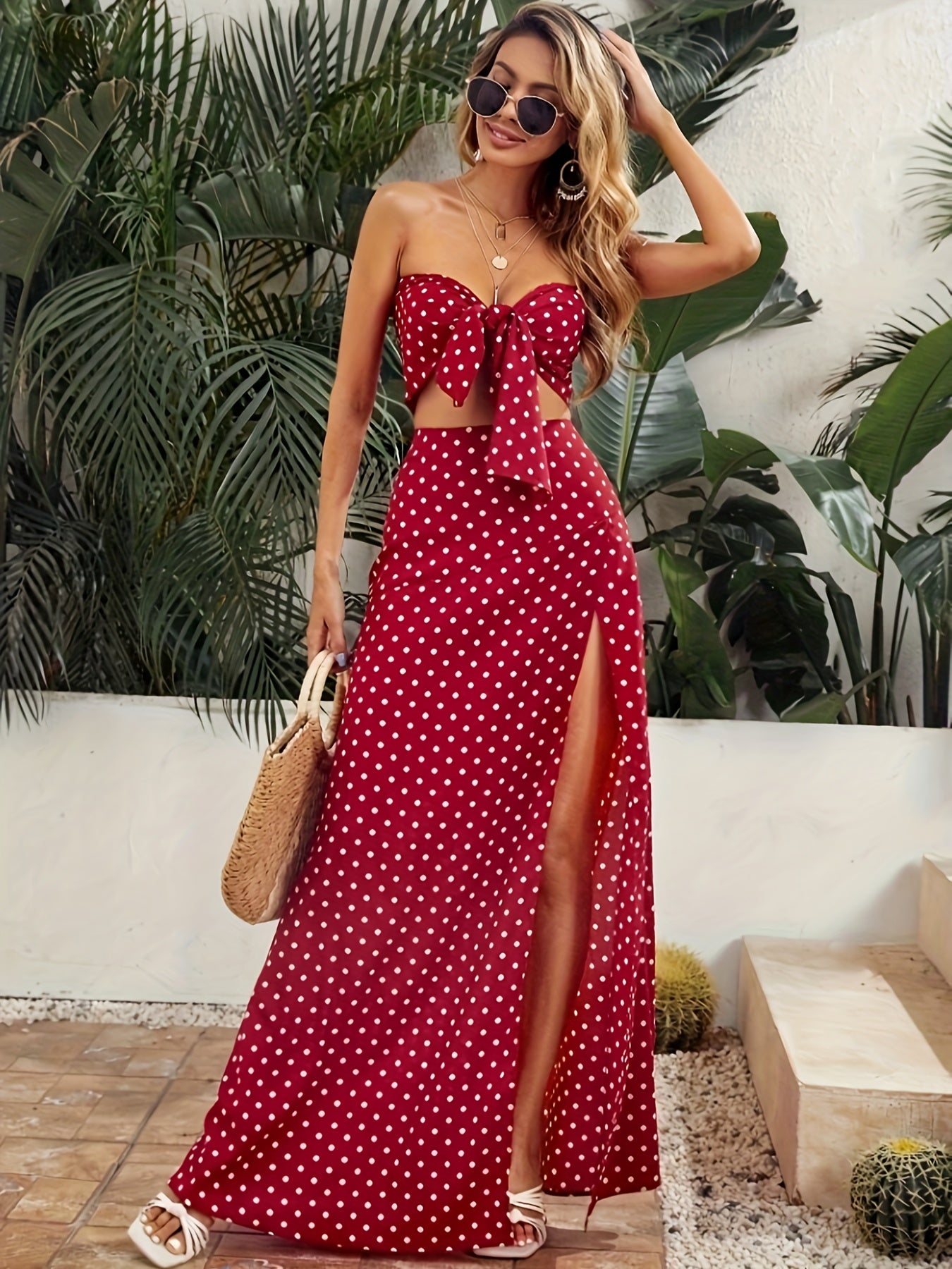 Vacation Wear Polka-dot Print Skirt Set, Crop Sweetheart Neck Knot Tube Top & Split Hem Maxi Length A-line Skirt Outfits, Women's Clothing