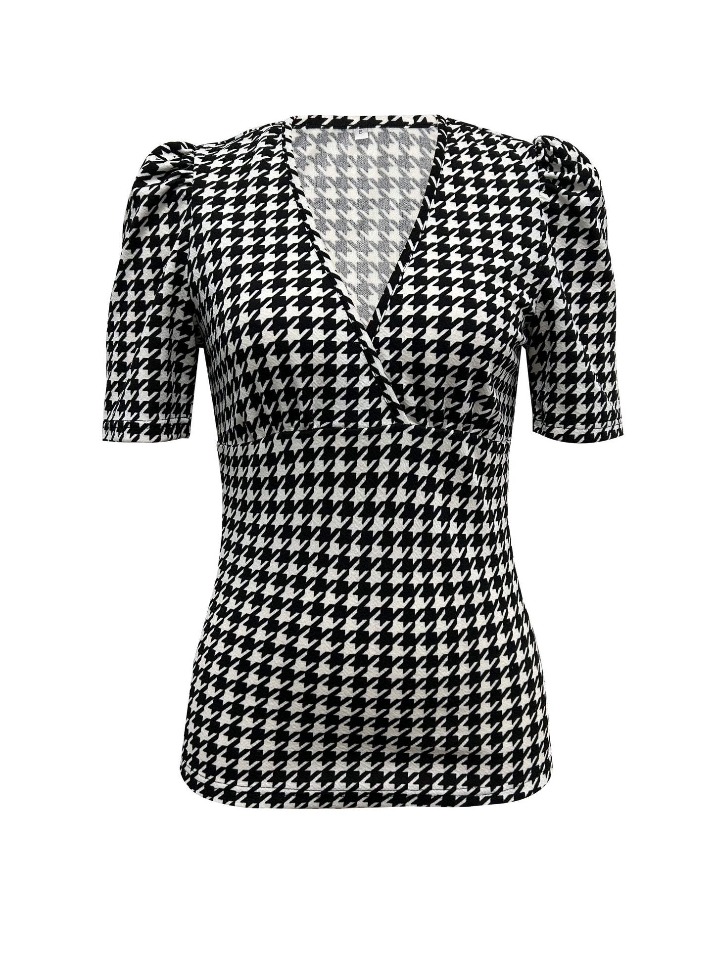 Houndstooth Print V Neck Blouse, Elegant Short Puff Sleeve Blouse For Spring & Summer, Women's Clothing