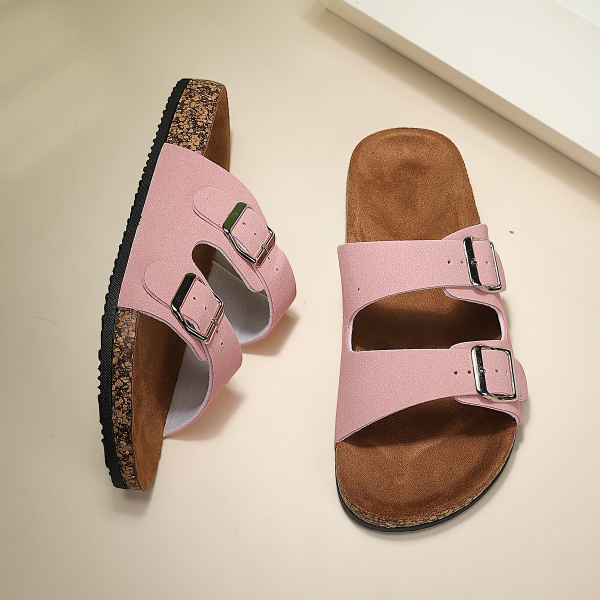 Women's Solid Color Sandals, Slip On Double Buckle Strap Soft Sole Wear-resistant Slides Shoes, Outdoor Comfy Beach Shoes