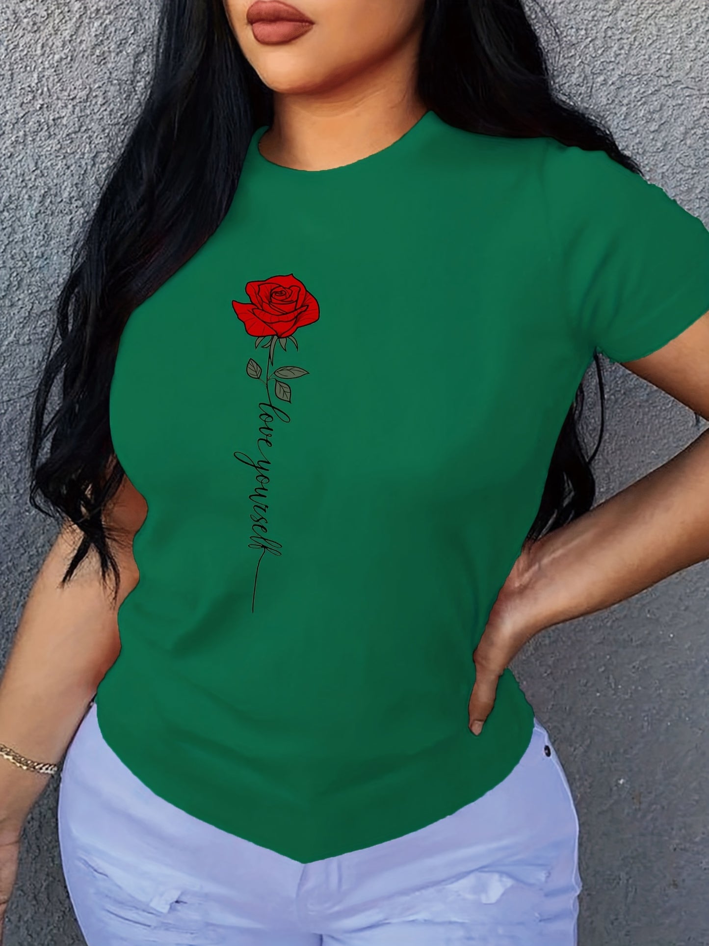 T-shirt con stampa lettere e rose, t-shirt girocollo a maniche corte, top casual per tutti i giorni, abbigliamento femminile