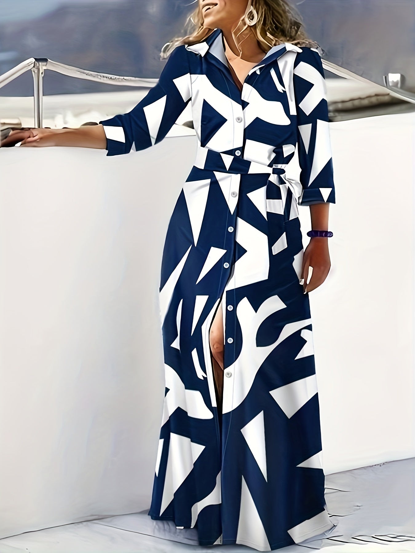 Striped Print Maxi Dress, Casual Button Front Long Sleeve Dress, Women's Clothing