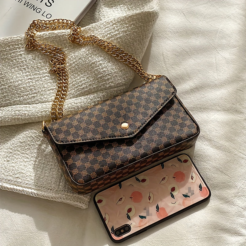 Classic Retro Pattern Square Shoulder Bag, Trendy Textured Chain Bag, Faux Leather Purse For Shopping