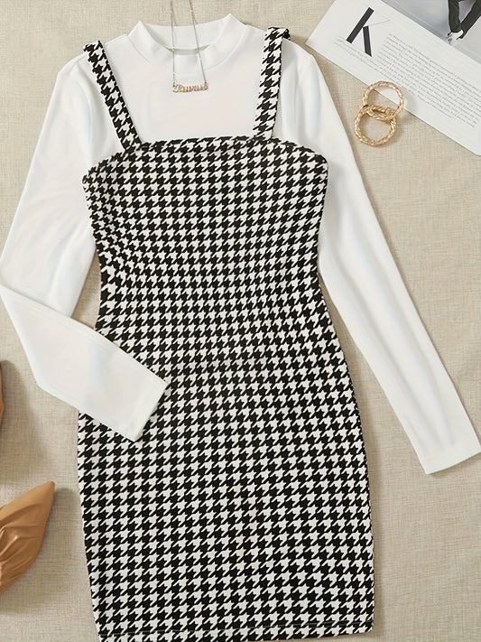 Simple Elegant Two-piece Set, Solid Long Sleeve Tops & Houndstooth Print Overall Dress Outfits, Women's Clothing