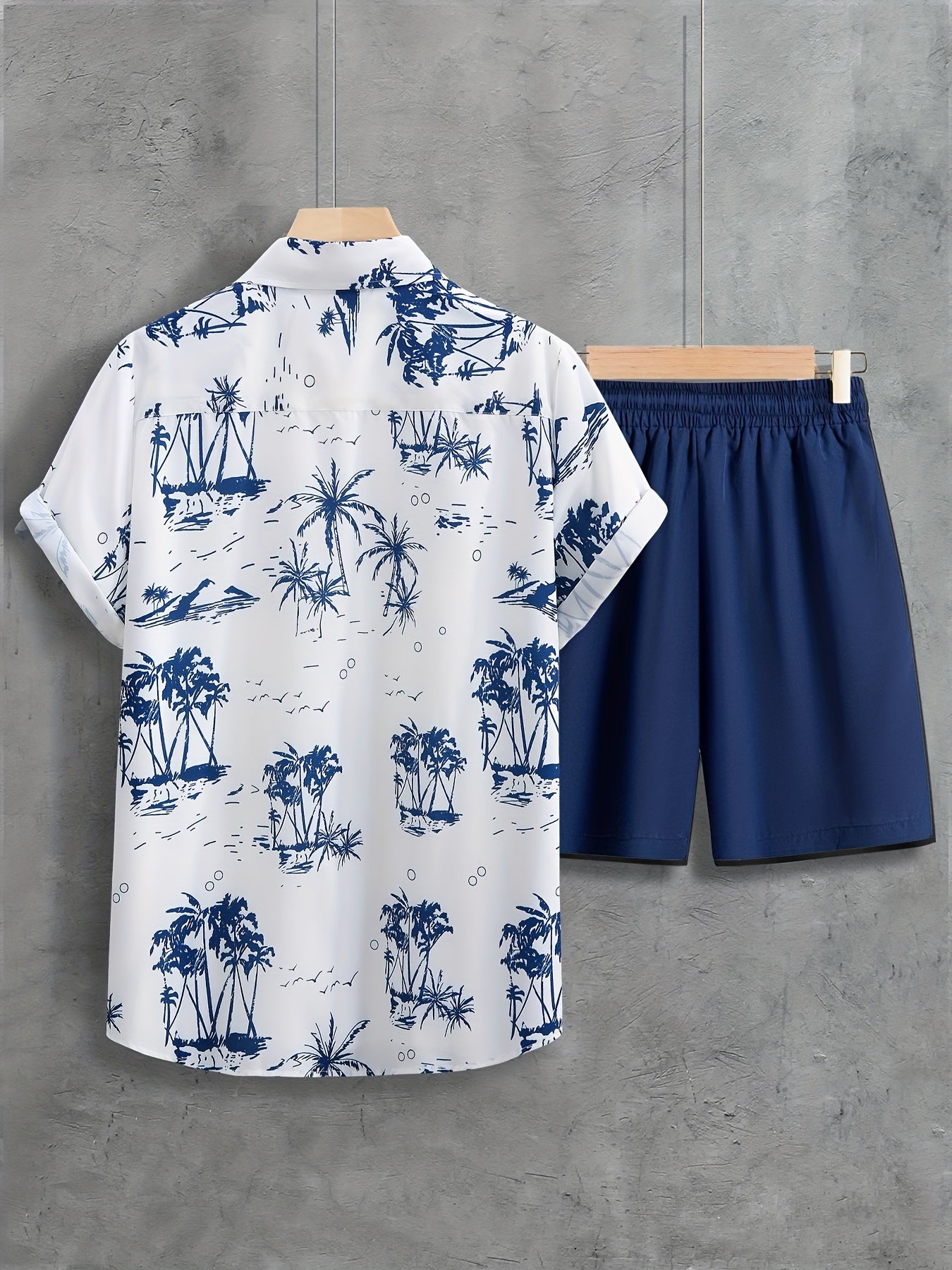 Coconut Trees, Men's 2pcs, Short Sleeve Graphic Print Button Up Shirt And Drawstring Shorts Set