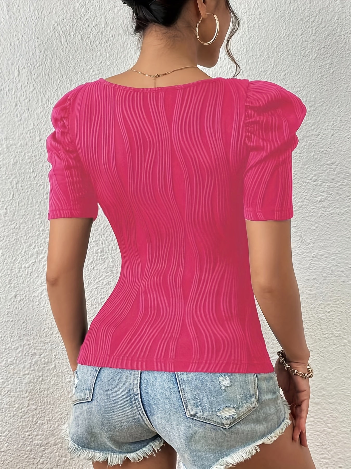 Solid Textured Square Neck T-shirt, Elegant Puff Sleeve Slim Top, Women's Clothing