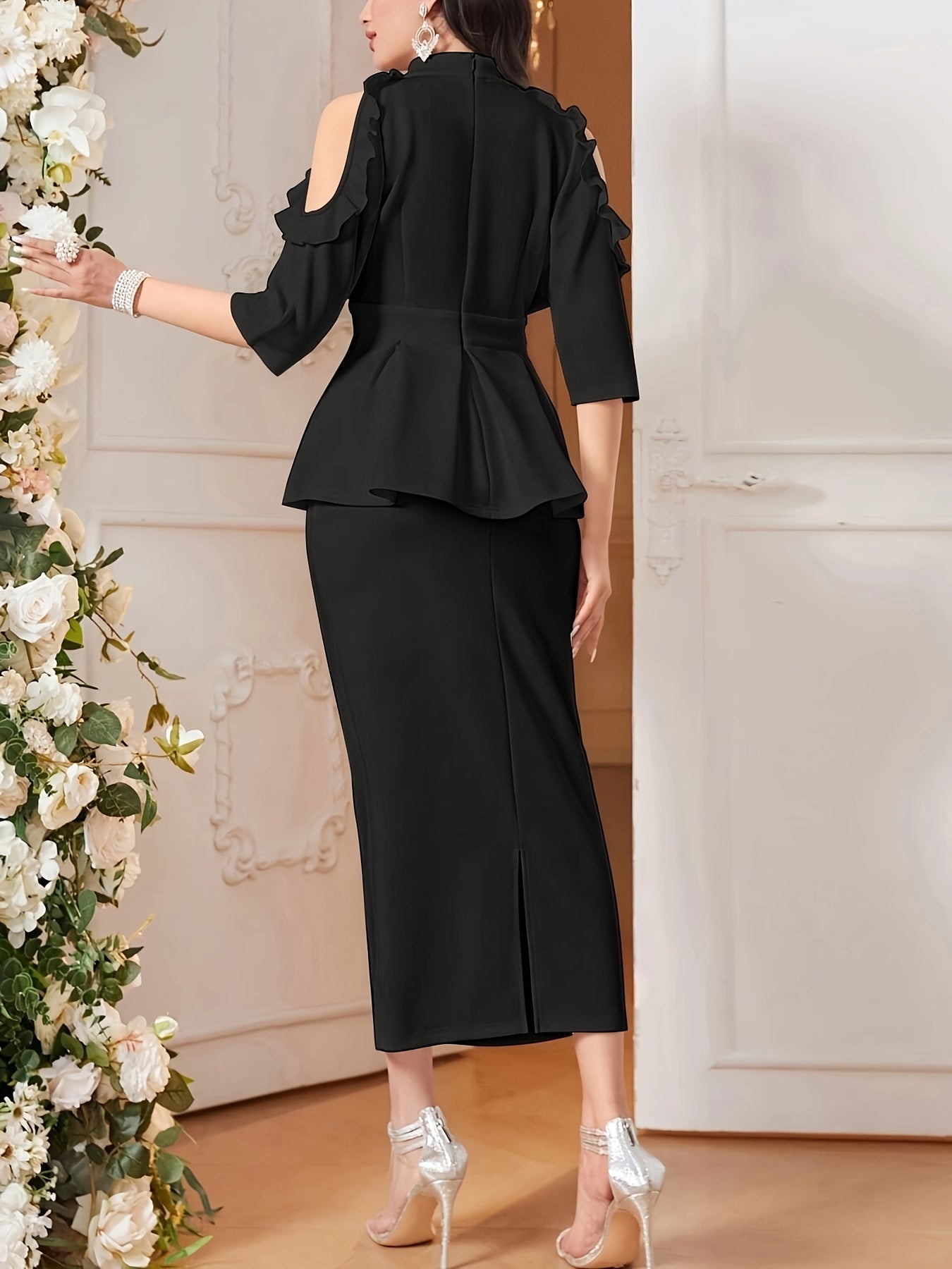 Elegant Solid Slim Two-piece Skirt Set, Cold Shoulder Peplum Top & Split Hem Fit Skirt Outfits, Women's Clothing