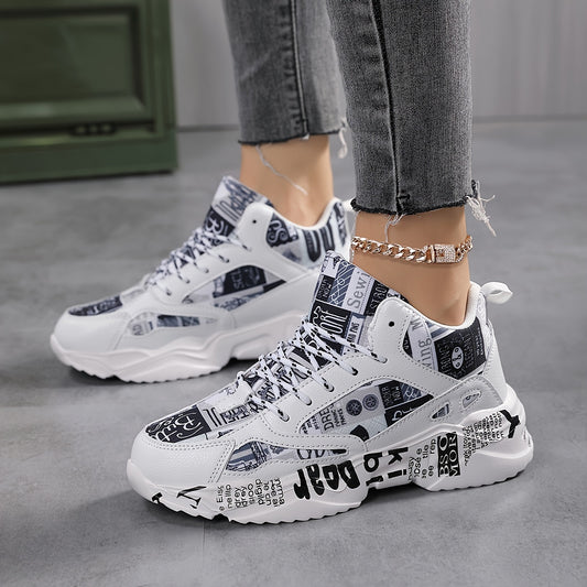 Trendy Graffiti Print Faux Leather Heighten Chunky Sneakers, Wear Resistance Non Slip Shock Absorption Sneakers, Casual Versatile Outdoor Sports Running Shoes Dad Shoes For Women & Men