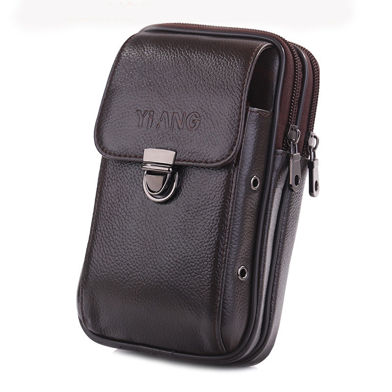 Brown leather waist bag with 'YIANG' branding on a white background