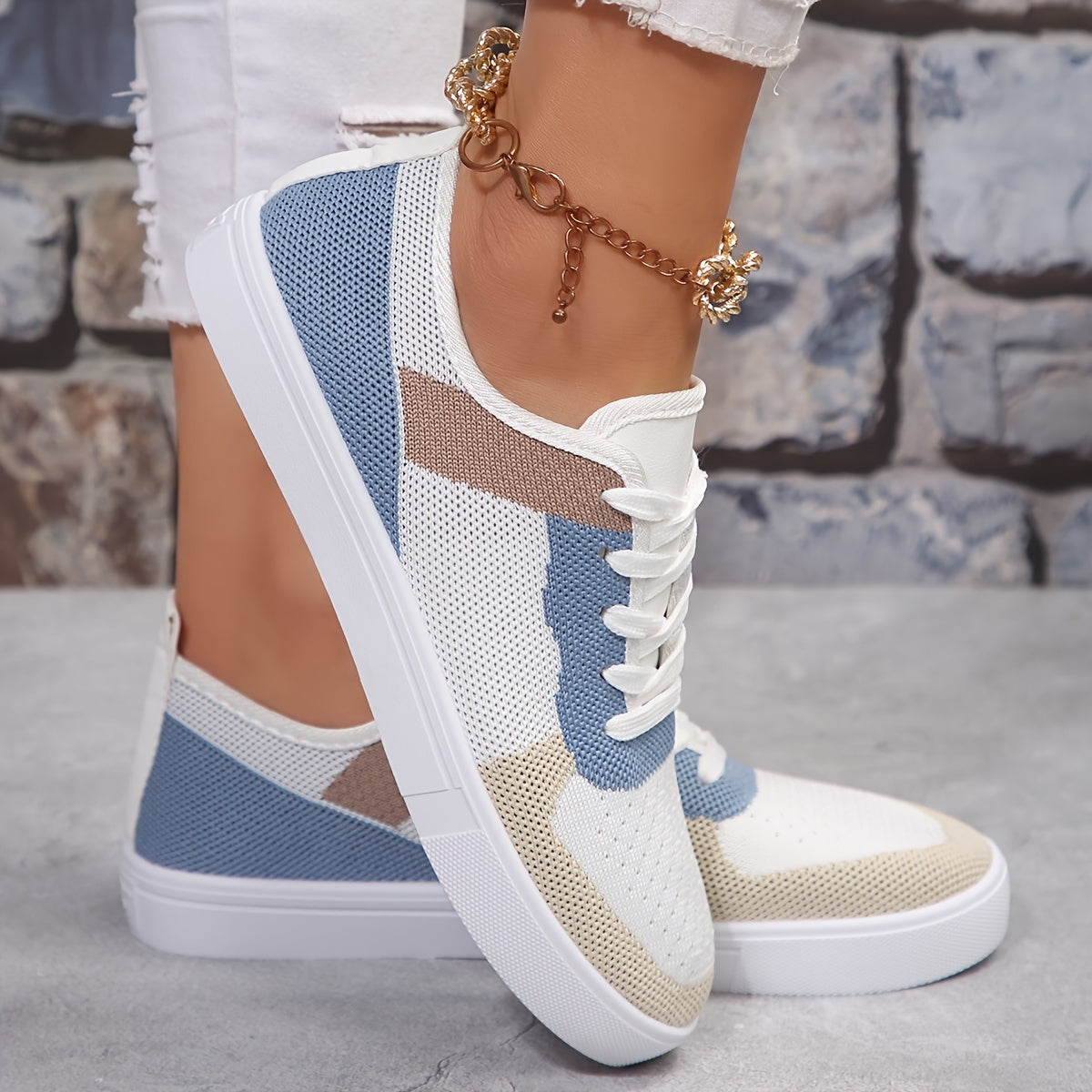 Women's Colorblock Trendy Sneakers, Lace Up Soft Sole Platform Casual Shoes, Low-top Breathable Walking Shoes