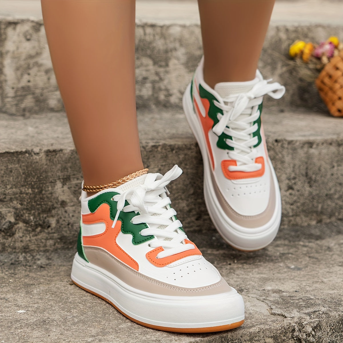 Women's Colorblock Skate Shoes, Casual High Top Outdoor Shoes, Comfortable Lace Up Sneakers