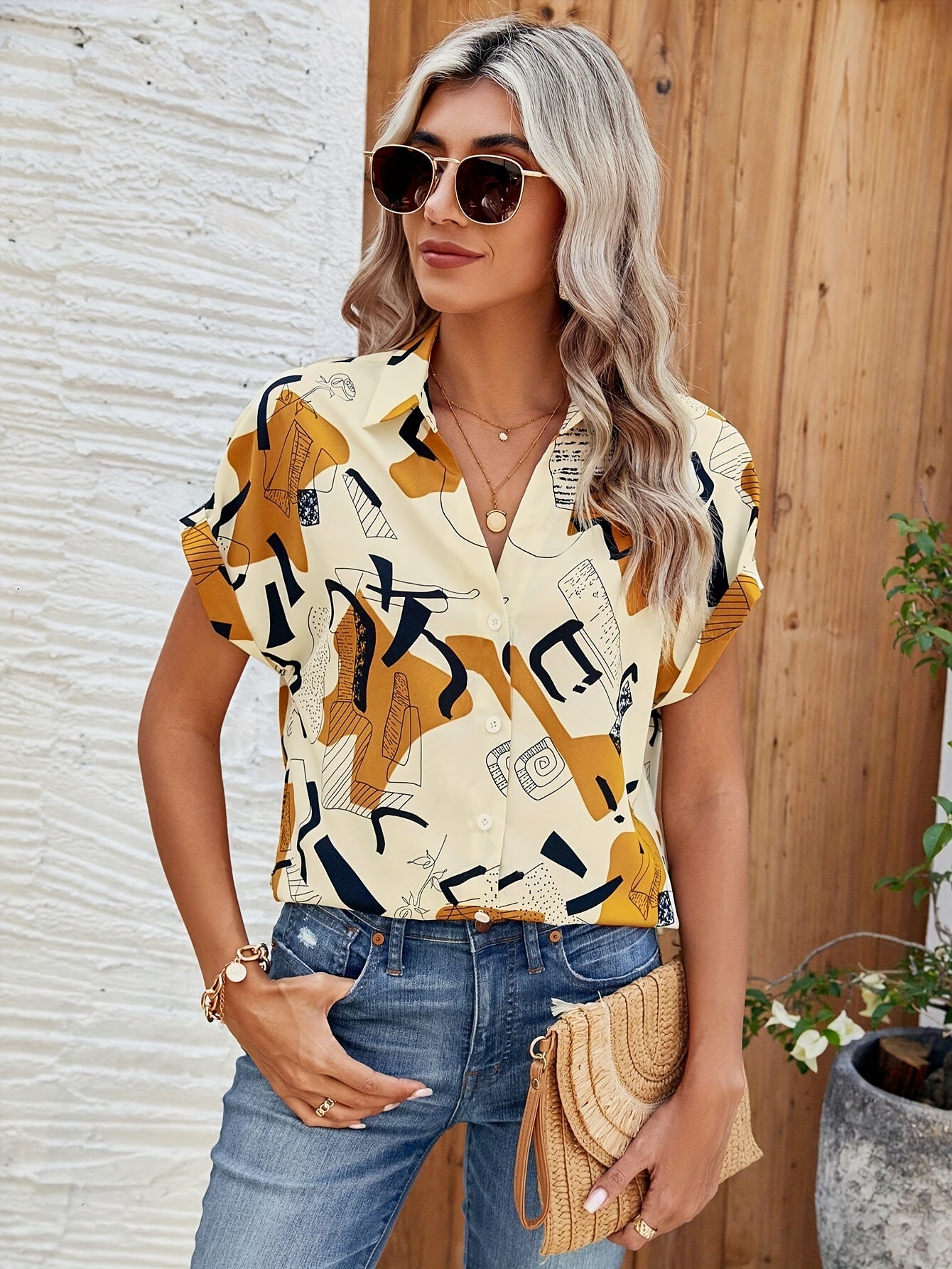 Allover Print V Neck Blouse, Elegant Short Sleeve Top For Spring & Summer, Women's Clothing