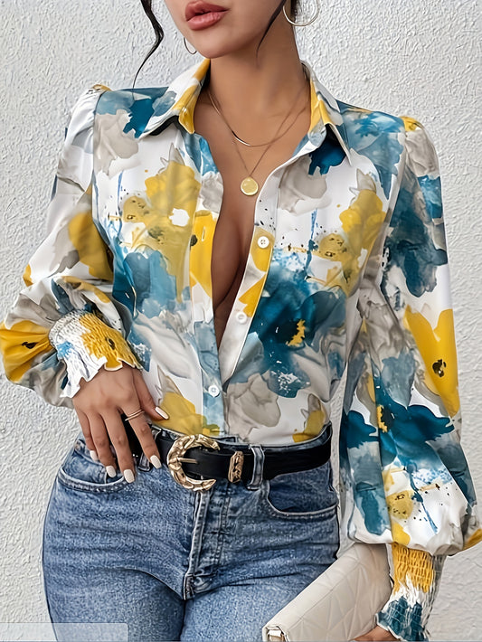 Floral Print Button Front Shirt, Elegant Lapel Neck Shirred Long Sleeve Shirt For Every Day, Women's Clothing