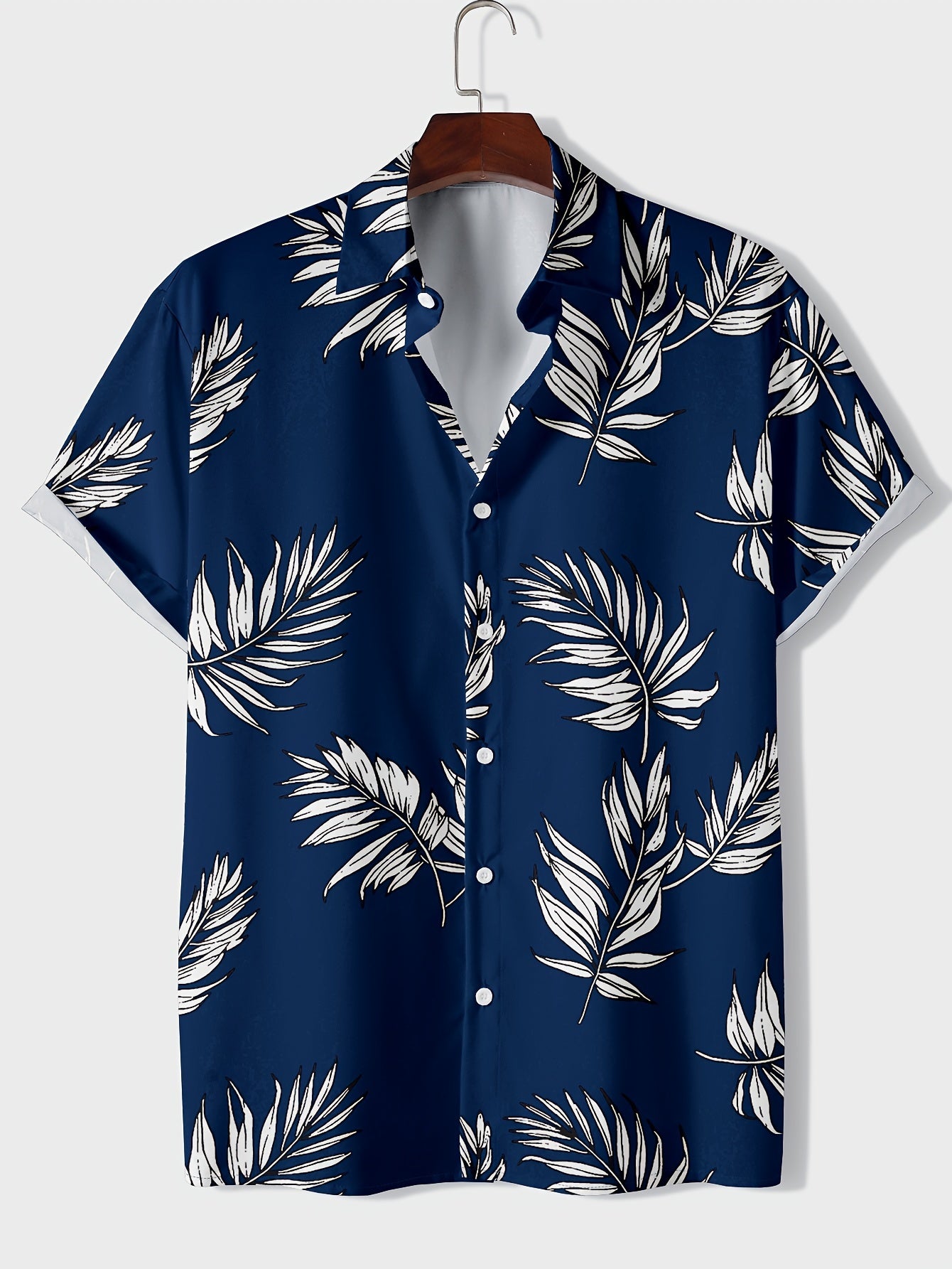 Leaf Random Print Men's Trendy Short Sleeve Lapel Hawaiian Shirt, Summer Resort Vacation