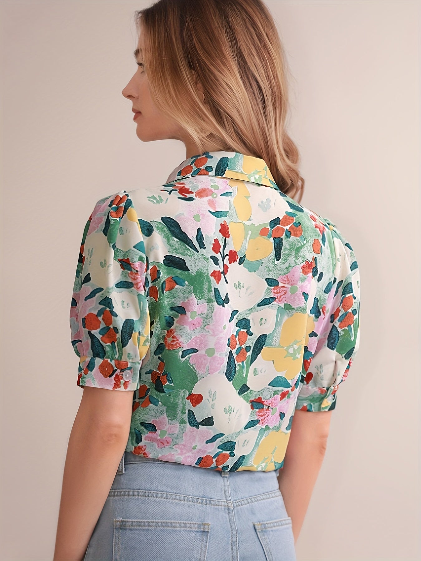 Floral Print Button Front Blouse, Casual Short Sleeve Blouse For Spring & Summer, Women's Clothing