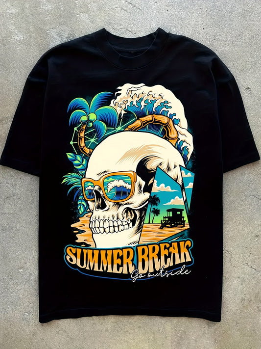 Summer Break Skull Vintage Graphic Print Men's Short Sleeve Crew Neck T-Shirts, Comfy Breathable Casual Elastic Tops, Men's Clothing