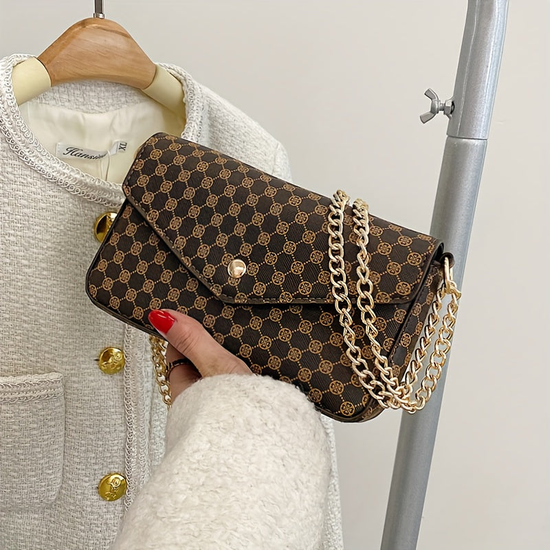 Classic Retro Pattern Square Shoulder Bag, Trendy Textured Chain Bag, Faux Leather Purse For Shopping