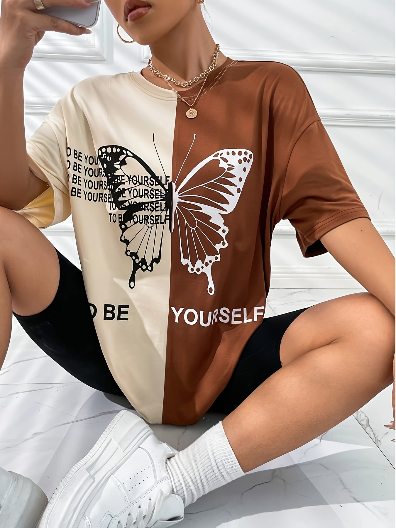 Butterfly & Letter Print Crew Neck T-Shirt, Casual Short Sleeve T-Shirt For Spring & Summer, Women's Clothing