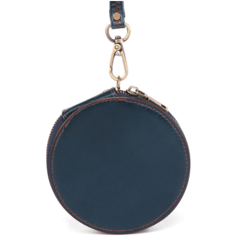 Blue round pouch with a zipper and keychain clip on a white background