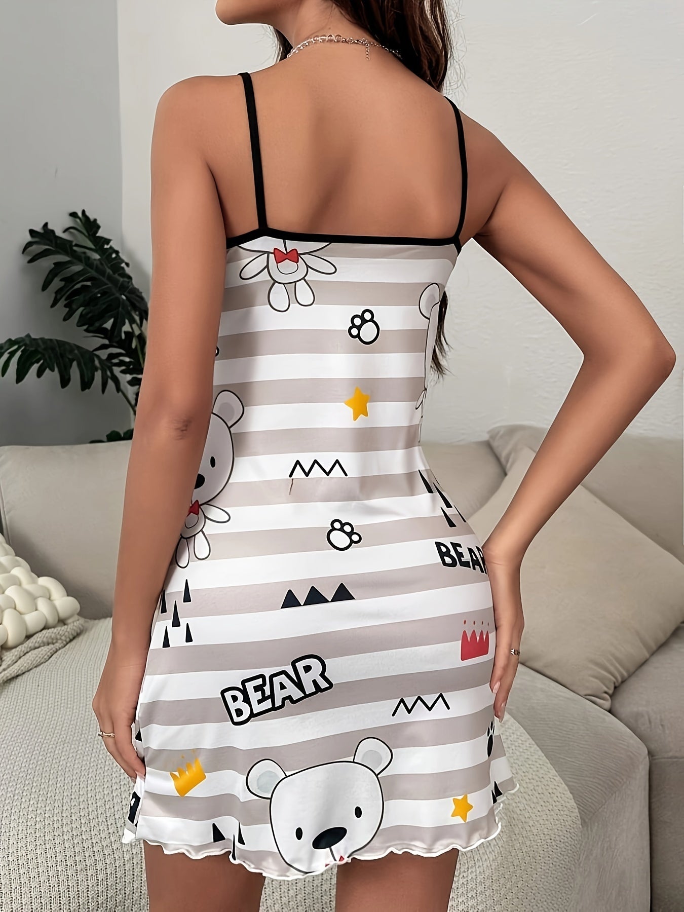Bear Print Spaghetti Strap Dress, Casual Sleeveless Scoop Neck Lettuce Trim Dress For Spring & Summer, Women's Clothing