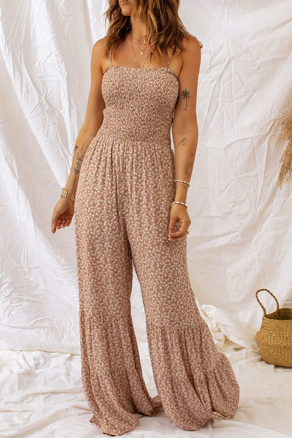 Khaki Floral Thin Straps Smocked Bodice Wide Leg Jumpsuit