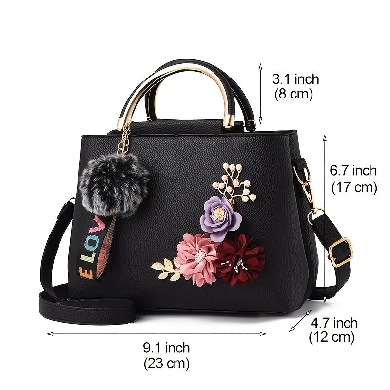 3D Flower Decor Handbag, Women's PU Leather Crossbody Bag, Small Top Handle Purse