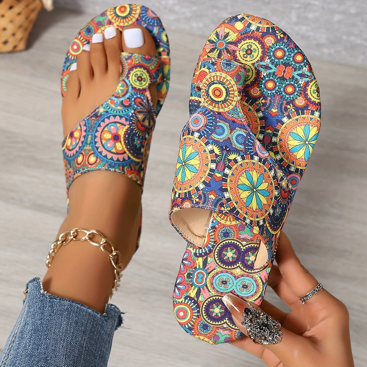 Bohemian Style Women's Toe Ring Slide Sandals, Colorful Ethnic Print Casual Beach Slip-On Summer Fashion Slides