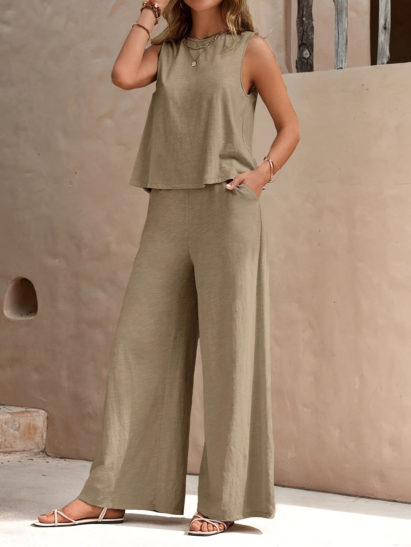 Solid Elegant Two-piece Set, Sleeveless Tank Top & Wide Leg Loose Pants Outfits, Women's Clothing