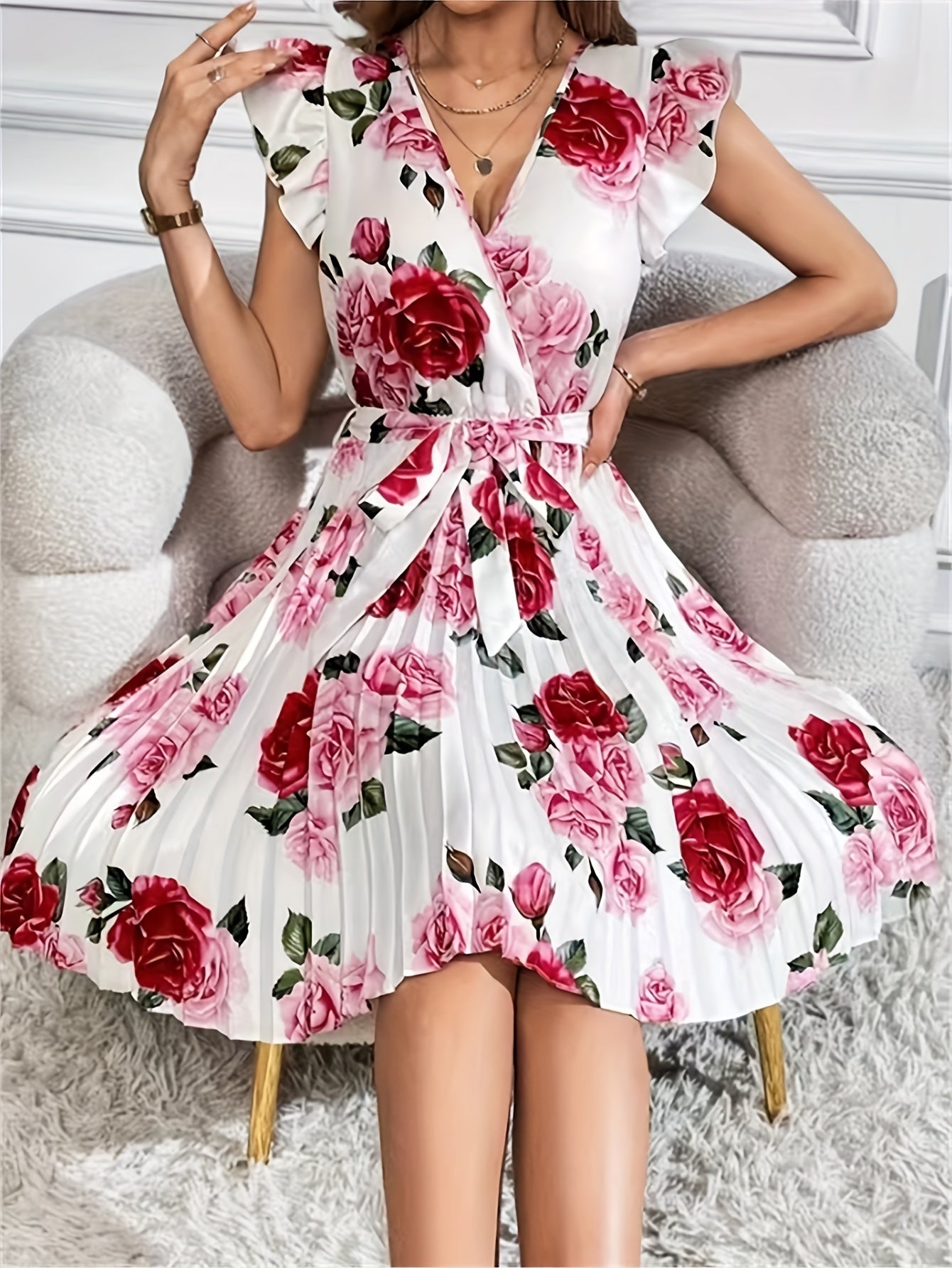 Floral Print Pleated Hem Dress, Elegant Belted Flutter Sleeve Dress, Women's Clothing