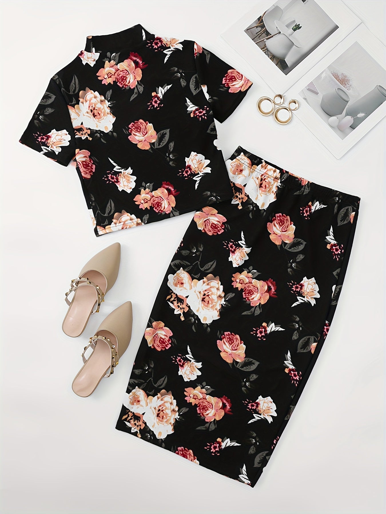 Floral Print Two-piece Set, Elegant Mock Short Sleeve Crop T-shirt & Bodycon Midi Skirt Outfits, Women's Clothing